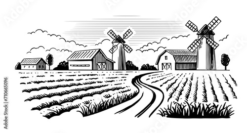 Countryside landscape with mill. Village