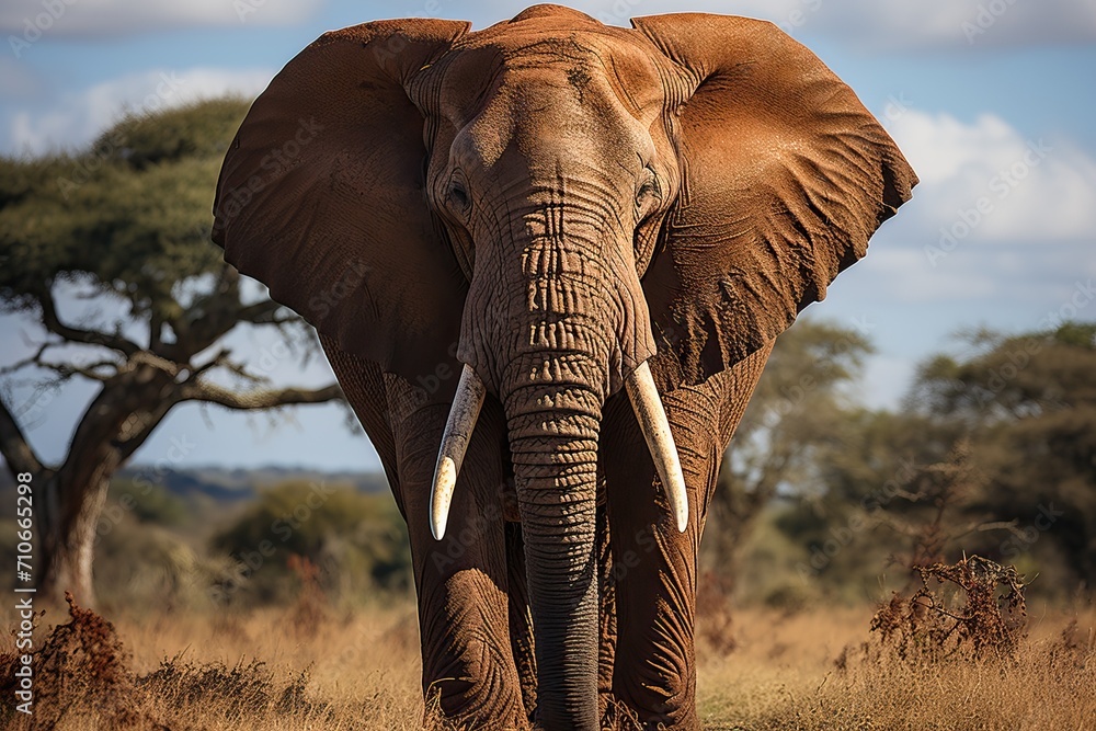 A large elephant with white tusks in the wild savannah.