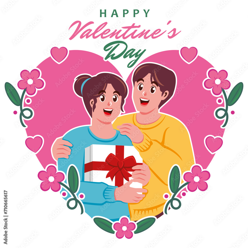 Happy Valentine's Day greeting card with cute couple in love Happy Valentine's Day greeting card with cute couple in love