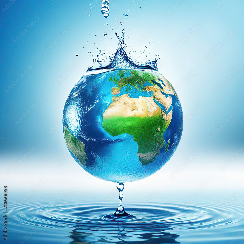 World water day concept with water splash and world map on blue background World water day concept with water splash and world map on blue background