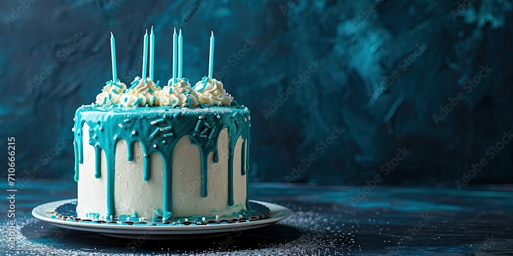 Sweet beautifully decorated cake with candles, birthday party, background, wallpaper.