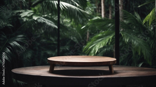 Wooden table top on blur tropical forest background with bokeh light. High quality photo 