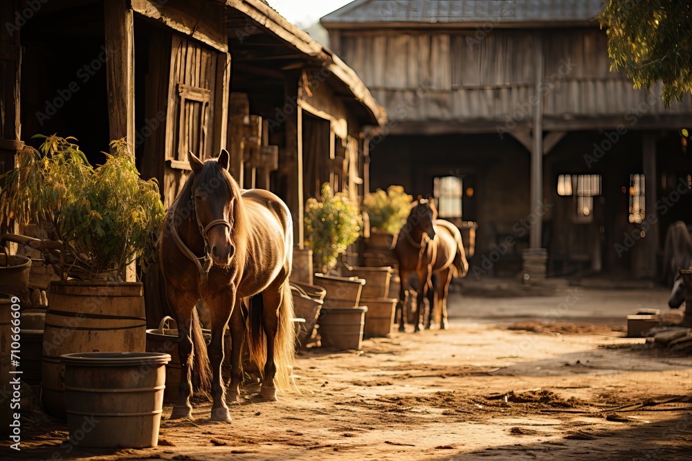 An old stable with horses, a cozy country stable. - obrazy, fototapety, plakaty 