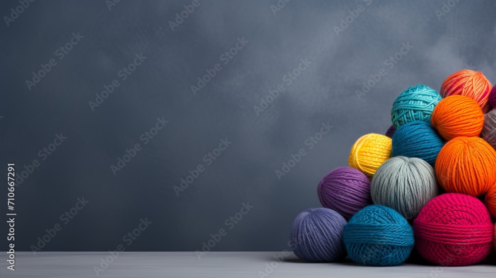 Rainbow wool yarn balls on gray background with ample text space for design or advertising. - obrazy, fototapety, plakaty 