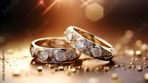 A pair of gold wedding rings with bokeh background