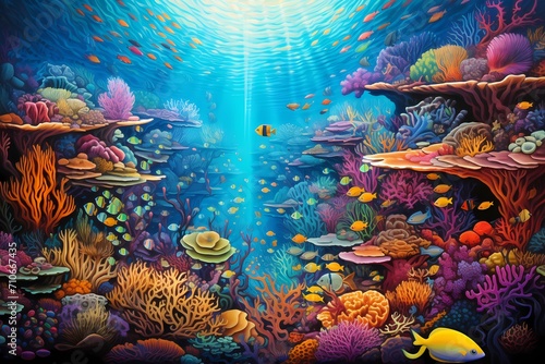 A colorful coral reef bustling with diverse marine life, vibrant fish weaving through the coral.