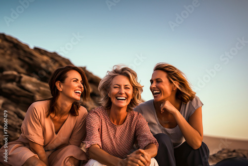 Charming women are sitting on the beach. The concept of friendship, happiness, summer holidays, holidays and people is a group of smiling middle-aged friends