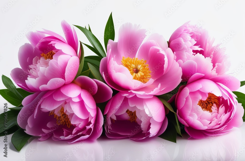 Obraz premium Floral backdrop with beautiful flowers. Pink background with peonies. Trendy texture of flower petals, branches and leaves, close up. Botanical poster of garden decorative plants for design template
