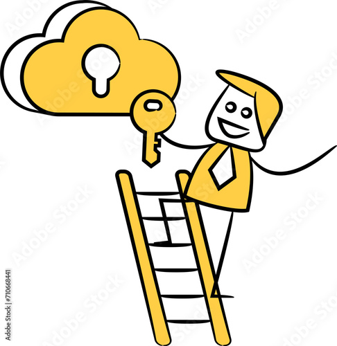 Businessman Climbing Ladder to Unlocking Cloud
