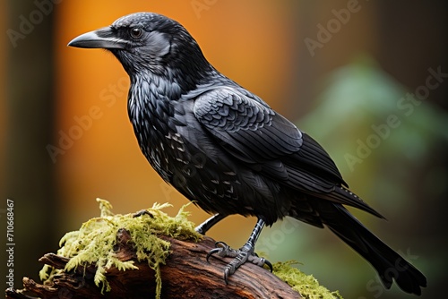 a black crow sits on a tree branch.