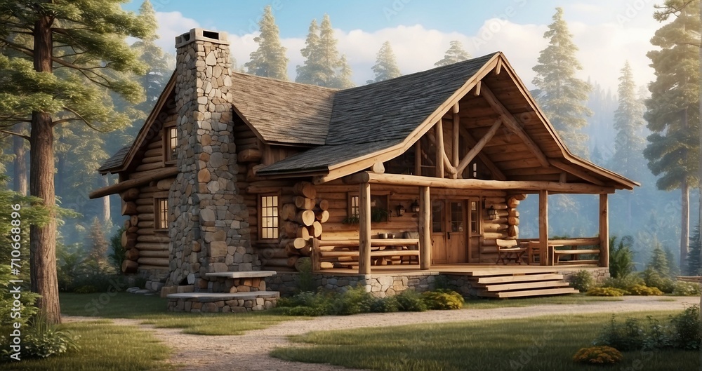 An image of a rustic log cabin tucked away in a forest clearing, with a cozy fireplace, wrap around porch, and a backdrop of towering trees - Generative AI An image of a rustic log cabin tucked away in a forest clearing, with a cozy fireplace, wrap around porch, and a backdrop of towering trees - Generative AI