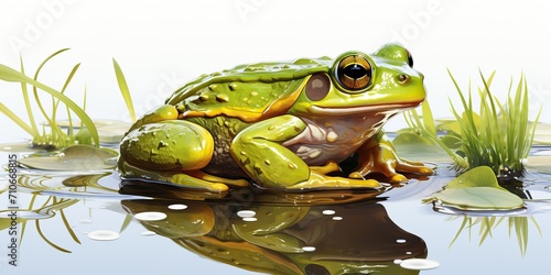 A small green frog sits near a pond. photo