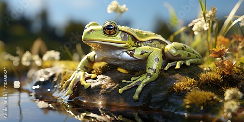 A small green frog sits near a pond. photo