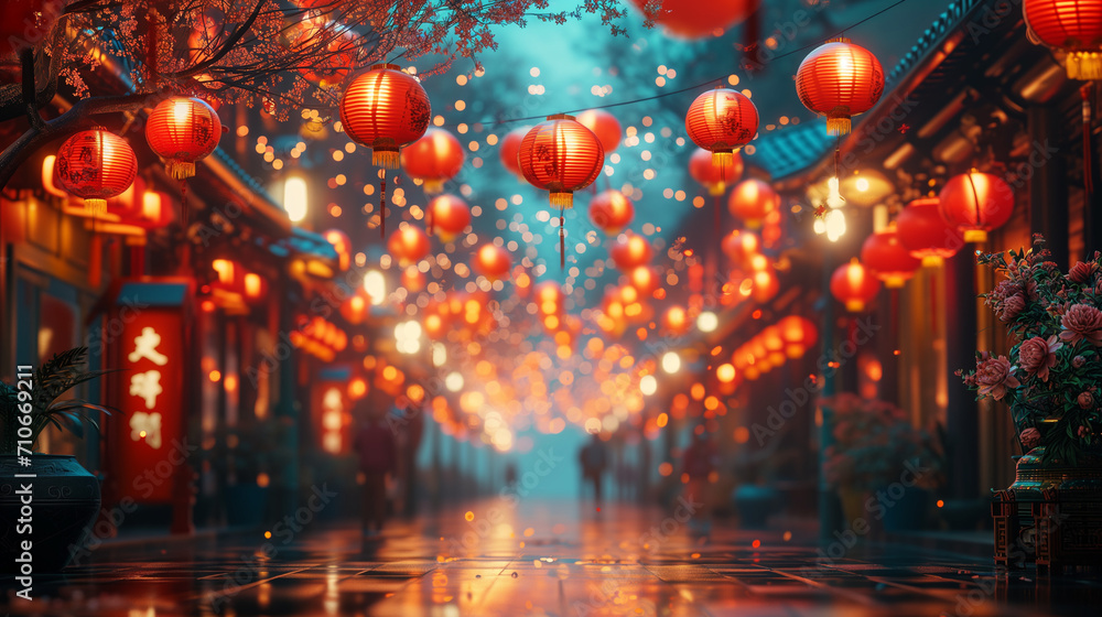 Chinatown lantern hanging at small street, 3d rendering illustration background for happy chinese new year 2024 the dragon zodiac sign with red and gold color, flower, lantern, and asian elements.