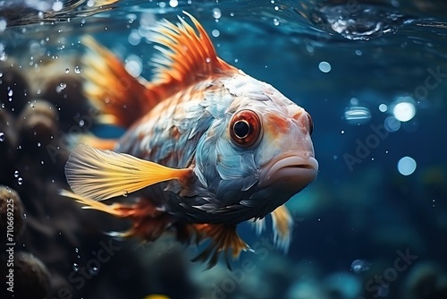 blue fish with yellow fins underwater. © Niko_Dali