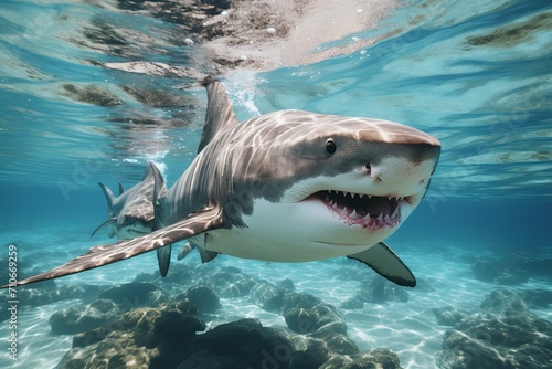Shark close-up underwater, shark swims in the sea shelf very close to land, marine predator.. © Niko_Dali