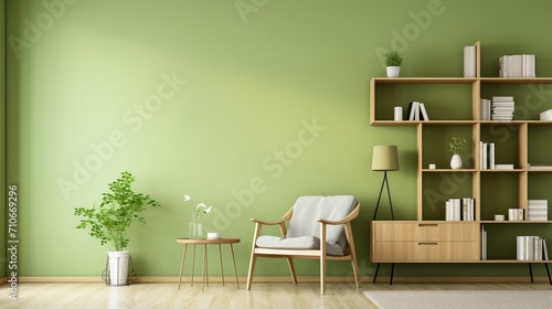 Scandinavian greenery  modern living room with green sofa, chair, and bookshelf against green wall. photo