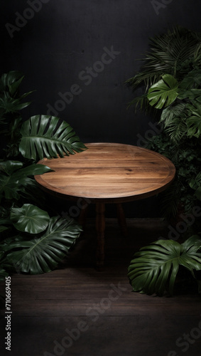 Empty round wooden table and tropical leaves on dark background. For product display. High quality photo 
