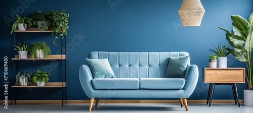 Scandinavian blue nova living room with sofa, chair, and bookshelf against blue nova wall. photo