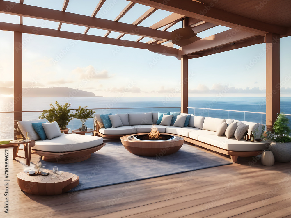A high-end residence features a deck with a picturesque ocean view, complete with a fireplace, hot tub, and outdoor furniture.