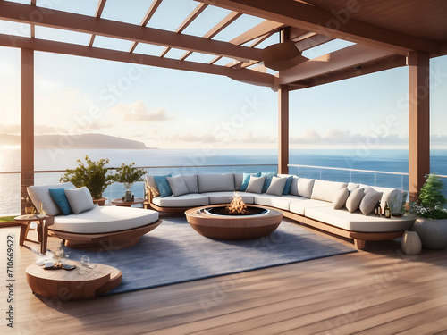 A high-end residence features a deck with a picturesque ocean view  complete with a fireplace  hot tub  and outdoor furniture.