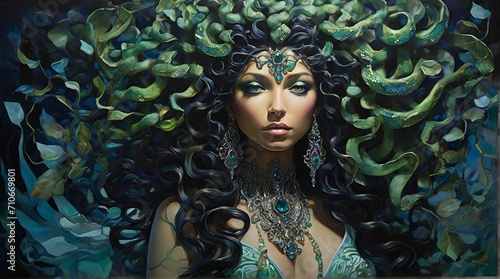 Mystical Portrait of a Woman Surrounded by Green Snakes and Lush Foliage, Wearing an Ornate Necklace