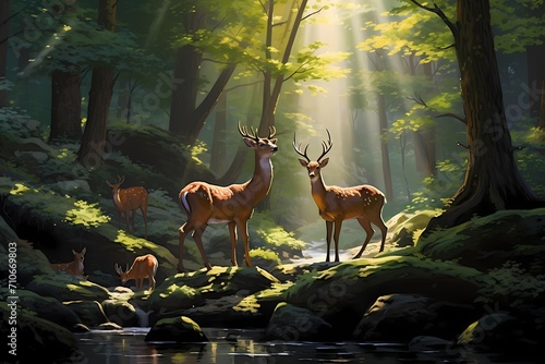 A family of graceful deer cautiously navigating a sun-dappled forest clearing.