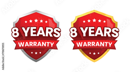 8 years warranty label, logo, icon badge. minimalist shiny red gold silver shield. Vector design