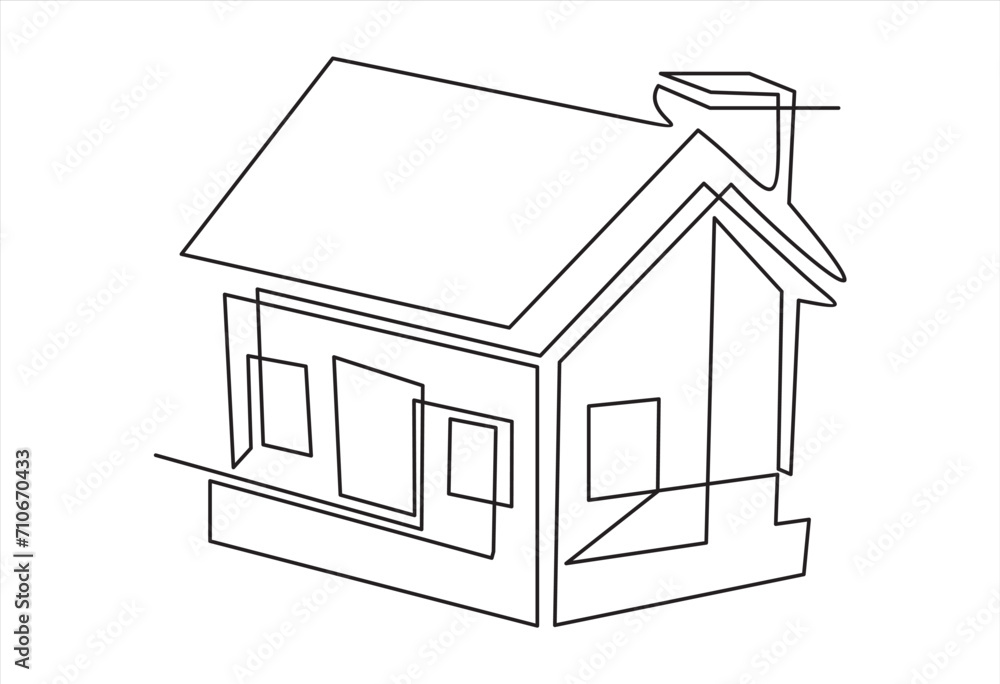 Continuous thin line home vector illustration, minimalist house icon. One line art cottage building Continuous thin line home vector illustration, minimalist house icon. One line art cottage building