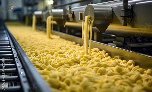 Pasta production process, pasta conveyor belt with pasta. Pasta production plant photo