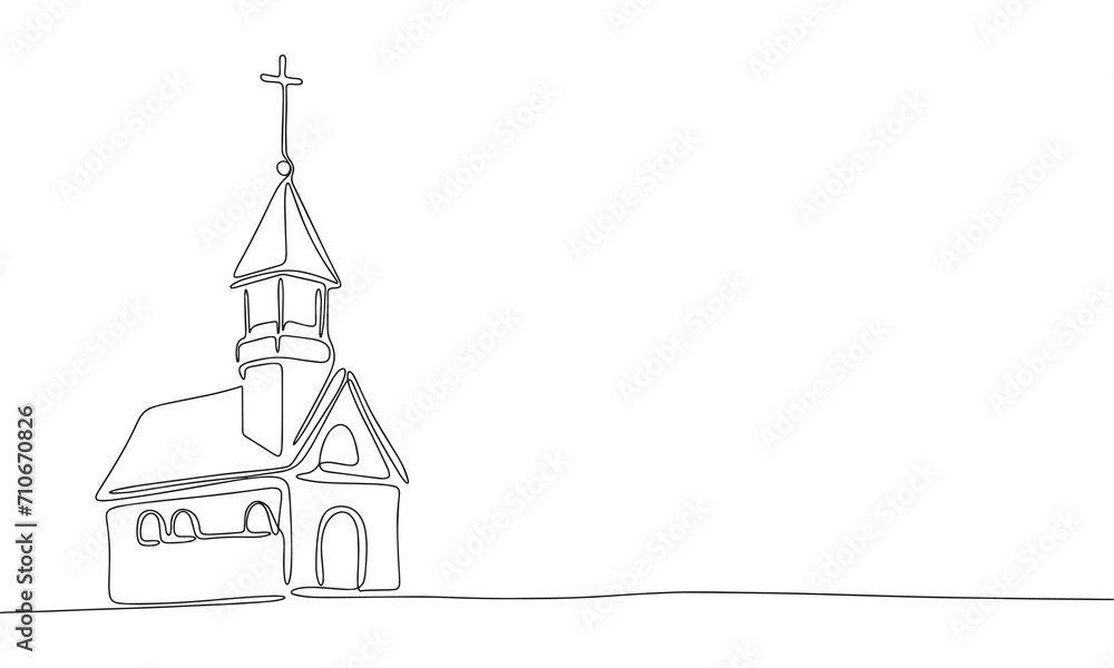 Church one line continuous line. Line art church outline, silhouette. Hand drawn vector art.