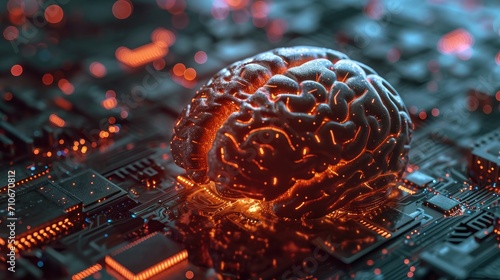 Human brain and computer circuit board close-up