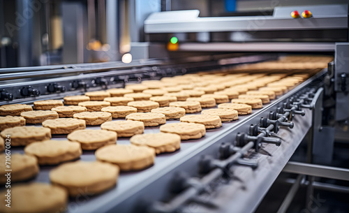 Production line for baking cookies. Cookies on a conveyor belt at a confectionery factory.