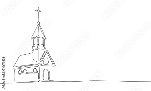 Church one line continuous line. Line art church outline, silhouette. Hand drawn vector art.
