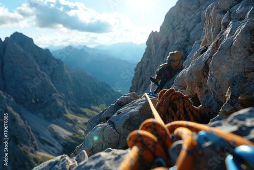 Summit Challenge: A Wide Low Angle First Person View of a Mountain Peak, Featuring Climbing Ropes and Gears, Selectively Focused on the Adrenaline-Fueled Adventure of Ascent.




 photo