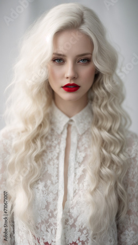 Portrait of a Beautiful Young Albino Woman Posing in Studio. Concept of body albinism, positivity, diversity, and fashion 