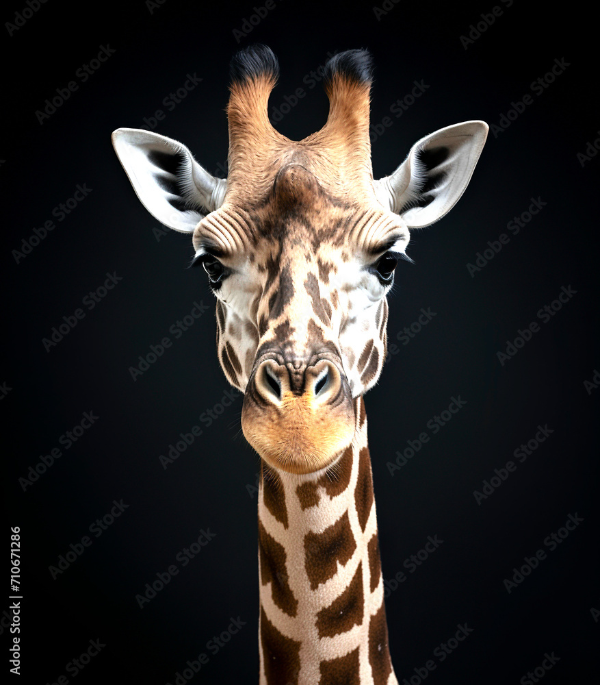 Obraz premium Jirafa salvaje animal africano en vida silvestre con cuello grande y fondo negro. Mamífero africano aislado. Sin gente 