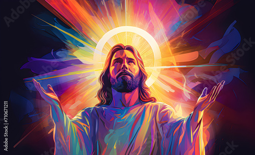 Colorful image of Jesus Christ on an illuminated background with flowers.