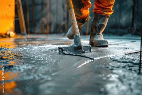 Construction worker with boots on wet concrete at building site