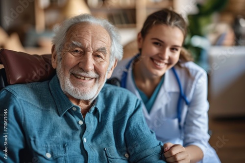 Smiling senior man in wheelchair pushed by caregiver at nursing home photo