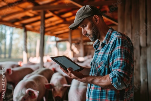 Farmer with tablet checking health of pigs at farm photo