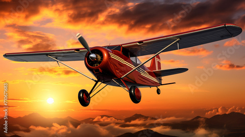 Plane against the background of the setting sun