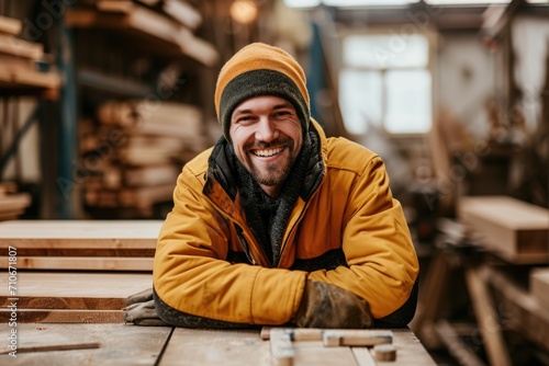 Smiling young man working in carpentry shop