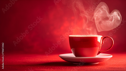Cup of tea or coffee with steam in one heart shape on red background copy space. generative ai