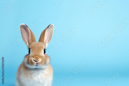 adorable cute rabbit standing isolated on blue background, with Copy space for text