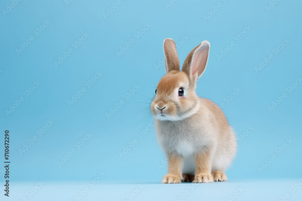 Fototapeta premium adorable cute rabbit standing isolated on blue background, with Copy space for text