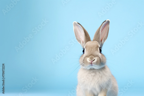 adorable cute rabbit standing isolated on blue background  with Copy space for text