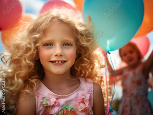 Young girl with curly hair and balloons.