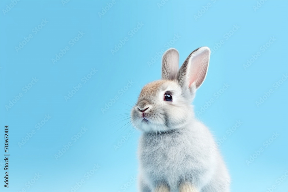 Fototapeta premium adorable cute rabbit standing isolated on blue background, with Copy space for text