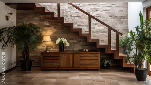 Inviting rustic hallway with wooden staircase and stone cladding wall in modern entrance hall design